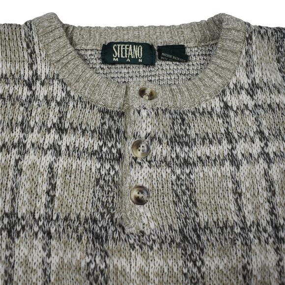 Vintage beige/gray plaid button neck sweater men's size large preppy grandpa - Picture 3 of 7